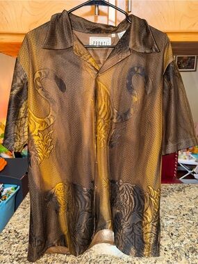 Vintage 90s Y2K," "Pronti Sheer Mesh," and "Tiger All Over Print" Rare Shirt
